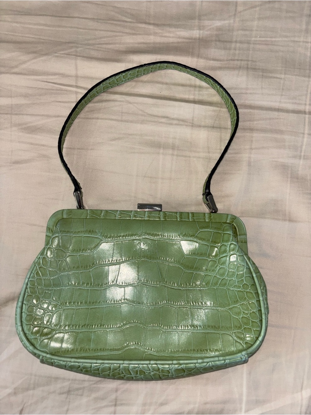 Tommy Hilfiger Green Croc-Embossed Mini Shoulder Bag